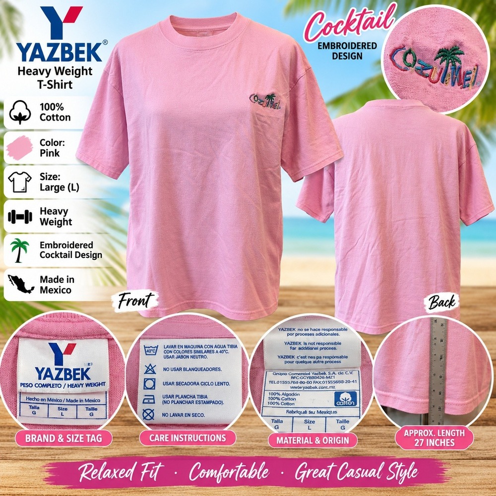 Yazbek Heavy Weight T-Shirt Pink Cozumel Embroidered Cocktail Cotton Large L